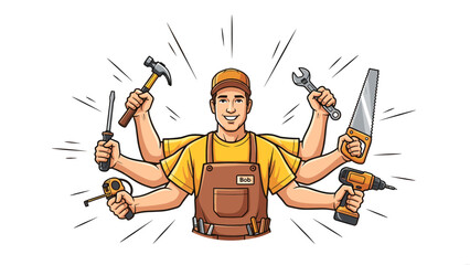 Multitasking handyman character with six arms, expertly wielding various construction and repair tools.