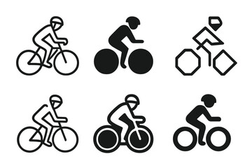 Obraz premium Bicycle Rider Icons. Person on bicycle. Icon set. Set Logo of person on bicycle: side view of bike rider wearing helmet. harmonious logo variations of the same