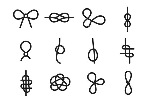 Knot Icon Collection. Knots and loops. Line icon set of knots and loops: bow knot, reef knot, figure-eight knot, double knot, overhand knot, slip knot, loop