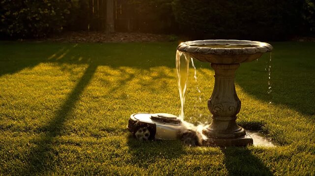 Lawn care with robotic mower near stone bird bath on a green grass