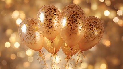 Cluster of celebratory balloons filled with glittering confetti hangs against a warm bokeh background