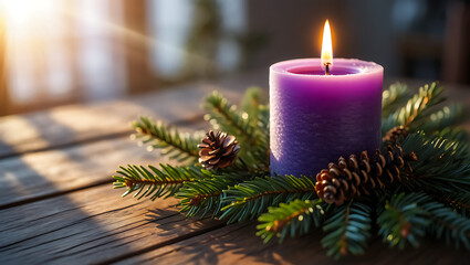 A lit purple advent candle rests on a rustic wooden table surrounded by evergreen branches and pinecones symbolizing the spiritual season of anticipation and reflection First Sunday of Advent