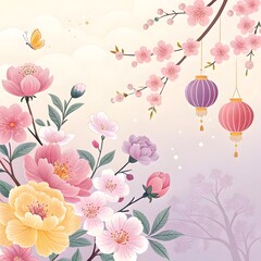 Enchanting floral bloom with butterfly and lanterns, a captivating spring blossom design perfect for invitations and sophisticated backgrounds, romantic and elegant