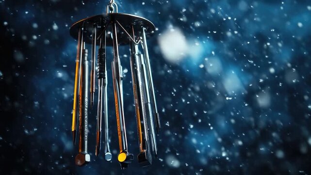 Video A wind chime hangs from a chain in the snowy environment, perfect for winter decorations or s