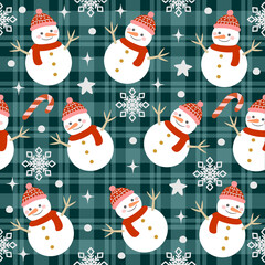 Seamless Snowman Christmas Pattern with Candy Cane and Snowflakes on Green Plaid Background 
