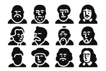 Philosophers Icon Grid. Philosophers. Solid icon set of Philosophers: Socrates, Plato, Aristotle, Descartes, Kant, Nietzsche, Confucius, Laozi, Simone de