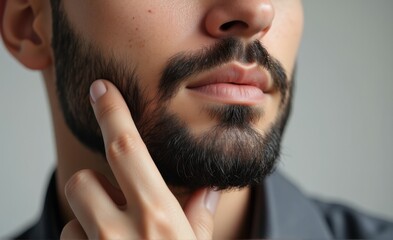 Young man touching his well-groomed beard, close-up portrait of masculine facial hair