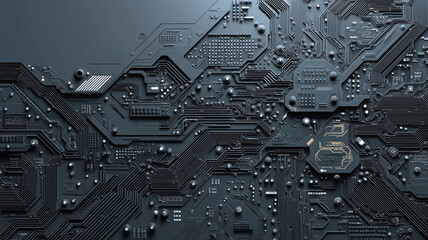 Futuristic technology circuit board background with geometric components, electronic detail, and clean blue copy space for innovative design or branding concepts