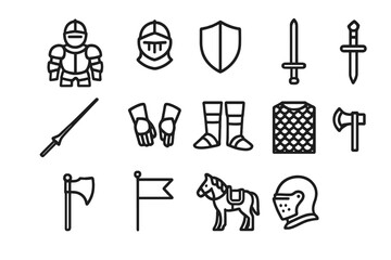 Fototapeta premium Armored Knight Icons. Armored Knight. Line icon set of Armored Knight: full armor suit, helmet, shield, sword, lance, gauntlets, boots, chainmail, battle axe,
