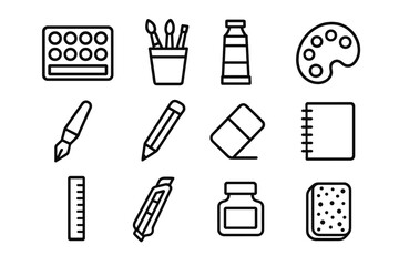 Fototapeta premium Art Supply Icons. Art supplies. Line icon set of art supplies: watercolor set, brush cup, paint tube, palette, pen, pencil, eraser, sketchbook, ruler, cutter,