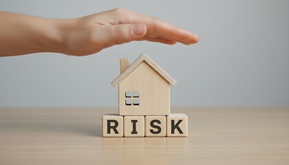 A hand protectively covering a small wooden house model that is sitting on blocks spelling the word RISK.