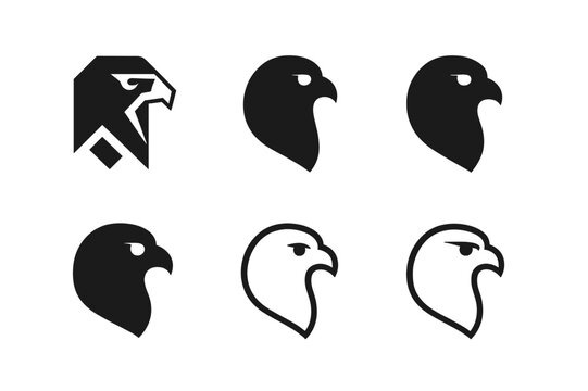 Falcon Logo Variations. Falcons. Icon set. Set Logo of Falcons: Falcon in Flight. harmonious logo variations of the same emblematic concept (Minimal outline,