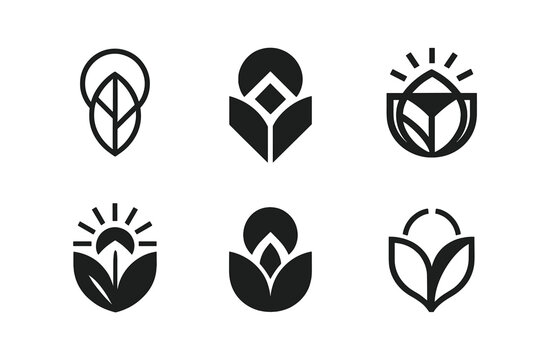 Nature Inspired Logos. Graphic design trends nature inspired design. Icon set. Set Logo of nature inspired design: leaf and sun fusion symbol. harmonious logo