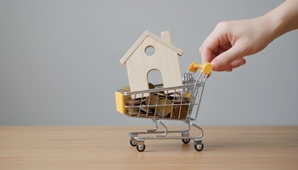 A miniature shopping cart filled with coins and a small wooden house, being pushed by a hand.