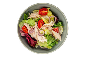 Salad chicken meat and vegetables tomato, green leaf lettuce, onion natural product tasty snack fresh delicious gourmet food background on the table rustic top view copy space keto and paleo diet