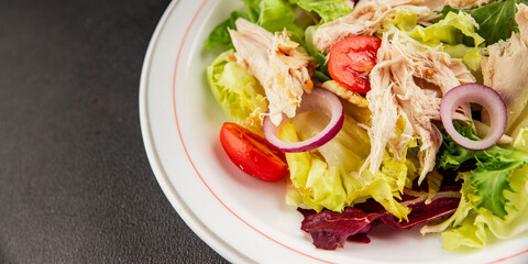 Salad chicken meat and vegetables tomato, green leaf lettuce, onion natural product tasty snack fresh delicious gourmet food background on the table rustic top view copy space keto and paleo diet