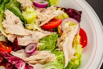 Salad chicken meat and vegetables tomato, green leaf lettuce, onion natural product tasty snack fresh delicious gourmet food background on the table rustic top view copy space keto and paleo diet
