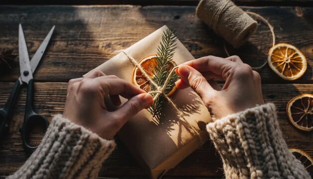 Close up view of female hands wrapping a sustainable Christmas present using recycled brown paper, dried orange slices and natural twine ribbon on a rustic wooden table, eco-friendly holiday concept.