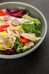 Salad chicken meat and vegetables tomato, green leaf lettuce, onion natural product tasty snack fresh delicious gourmet food background on the table rustic top view copy space keto and paleo diet