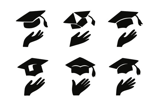 Graduation Cap Icons. Graduation cap toss. Icon set. Set Logo of graduation cap toss: cap silhouette in motion. harmonious logo variations of the