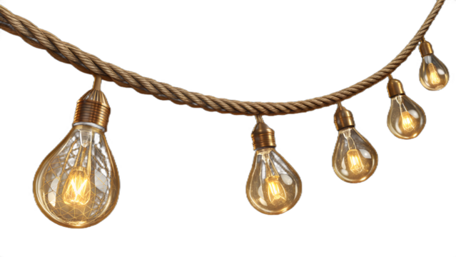 Twisted Fairy Light Strand with Golden Bulbs – Warm Glow Decorative Lighting PNG
