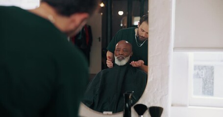 Barbershop, mirror and men with grooming, beauty or style with salon treatment. People, hair care or customer with reflection, facial or service with advice, maintenance or appointment with worker