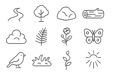 Obraz premium Nature Trail Icons. Nature Trail. Line icon set of Nature Trail: dirt path, tree, rock, fallen log, bush, fern, wildflower, butterfly, bird, moss, vine,