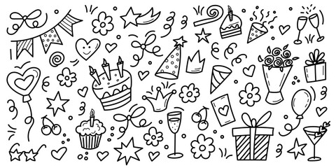 Birthday doodle pattern with festive party elements