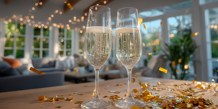 Sparkling champagne glasses with festive decor and golden confetti
