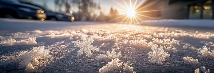 Close-up of snowflakes with sunlight shining in winter landscape