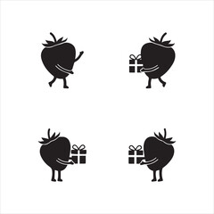Black silhouette cartoon strawberry characters offering gifts