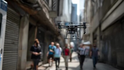 Hightech automated drone navigates urban alleyway to replenish a smart vending machine demonstrating futuristic air and robotics synergy in retail. - Powered by Adobe