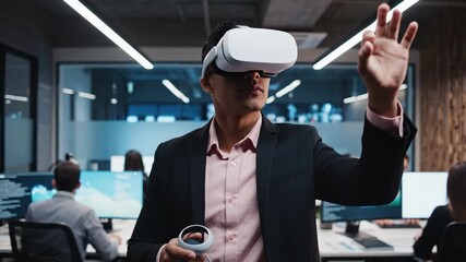 Immersive Business: Man in VR Headset Navigating Virtual Workspace - Powered by Adobe