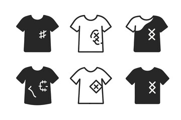 Worn-Out Clothing Icons. Worn-out clothing. Icon set. Set Logo of worn-out clothing: stitched tear repair. harmonious logo variations of the same emblematic