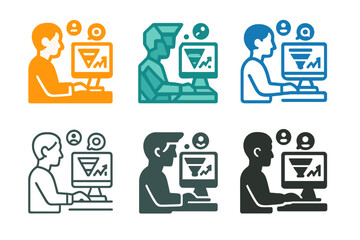 Digital Marketing Logos. A digital marketing expert analyzing social media performance on a computer. Icon set. Set Logo of a digital marketing