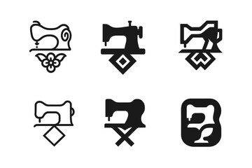 Custom Clothing Icons. Personalized fashion and custom clothing. Icon set. Set Logo of personalized fashion and custom clothing: sewing machine stitching a