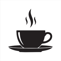 Steaming hot coffee cup icon on saucer, simple black silhouette
