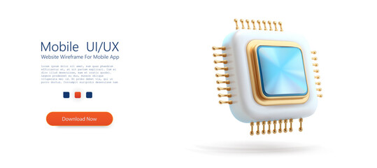 3d blue and gold microchip processor icon with metallic pins isolated on white background technology concept. Vector illustration