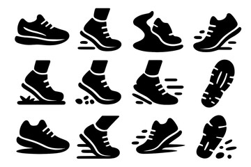 Obraz premium Running Shoes Icons. Running Shoes Close-Up. Solid icon set of sneakers, foot striking ground, trail path, motion lines, socks, dirt, grass, pebble, ankle,