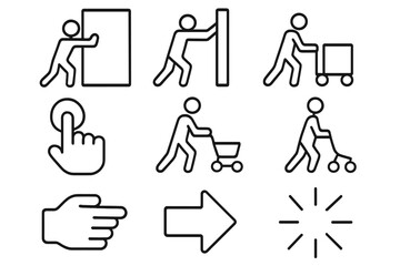 Push Action Icons. Push actions. Line icon set of push actions: person pushing door, pushing wall, pushing box, hand pressing button, pushing cart, pushing