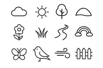 Obraz premium Pastel Landscape Icons. Pastel Landscapes. Line icon set of Pastel Landscapes: cloud, sun, tree, hill, flower, grass, river, rainbow, butterfly, bird, wind,