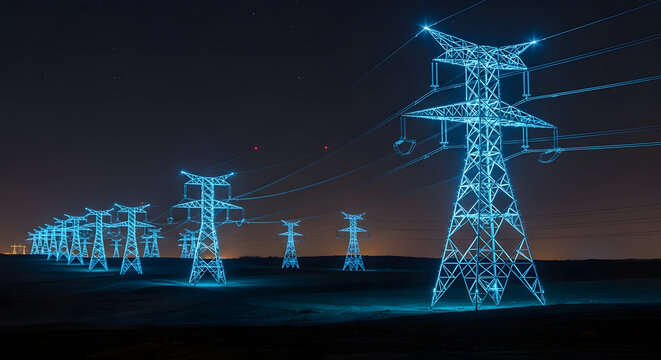 High Voltage Power Lines and Transmission Towers Glowing Blue at Night, Energy Infrastructure and Technology Concept. - Powered by Adobe