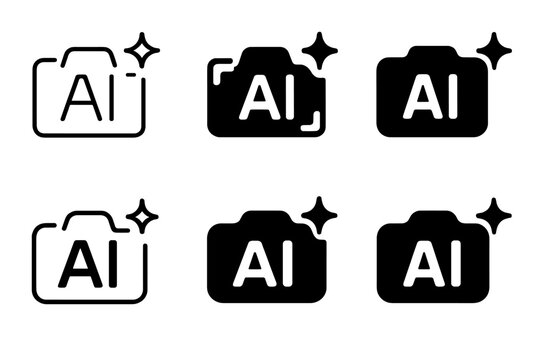 AI Creative Industries Logos. AI in creative industries. Icon set. Set Logo of AI in creative industries: camera with AI framing brackets and