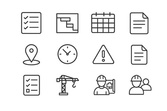 Construction Workflow Icons. Construction workflow. Line icon set of Construction workflow: task list, Gantt chart, calendar, progress bar, milestone marker,