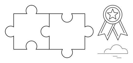 Two joined puzzle pieces, a star badge, and a cloud convey connection, teamwork, success, and vision. Ideal for problem-solving, goal-setting, partnership recognition simplicity and innovative