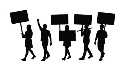 Silhouettes of people marching with protest signs on a white background