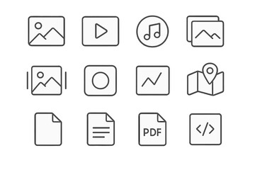 Media Icons Grid. Media placeholders. Line icon set of media placeholders: image placeholder, video placeholder, audio placeholder, gallery thumbnail, carousel