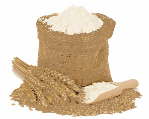 Bag of flour with wheat grains and wooden scoop