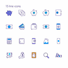 Collection of 15 hand drawn line icons representing finance and money concepts