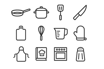 Beginner Cooking Icons. Cooking for beginners. Line icon set of cooking for beginners: frying pan, pot, spatula, knife, cutting board, whisk, measuring cup,